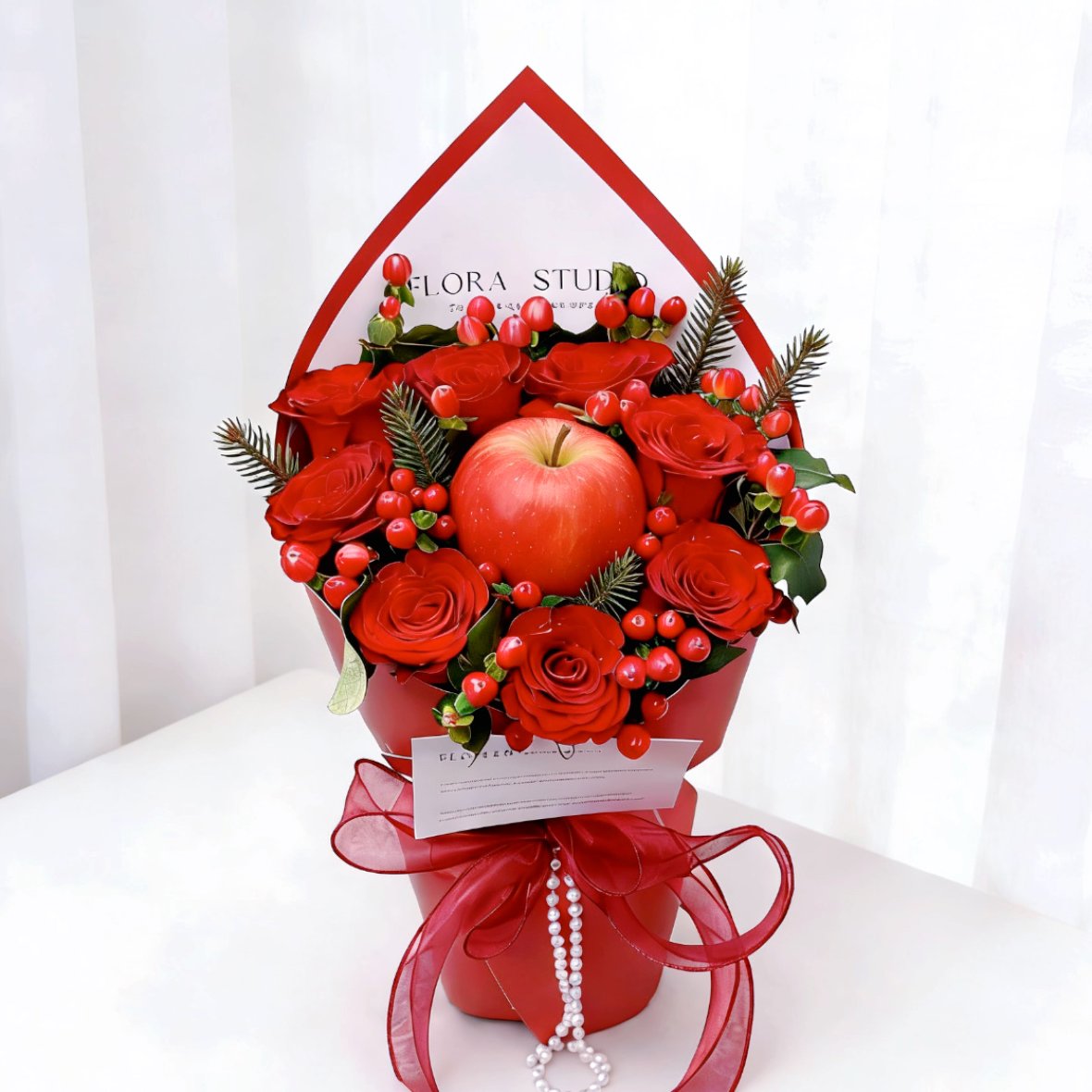 圣诞快乐 8朵红玫瑰配苹果和红