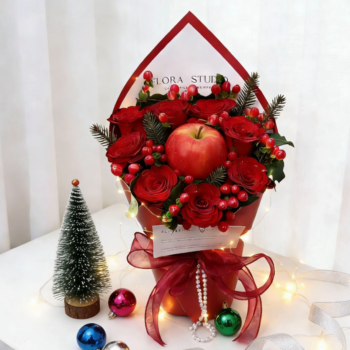 圣诞快乐 8朵红玫瑰配苹果和红