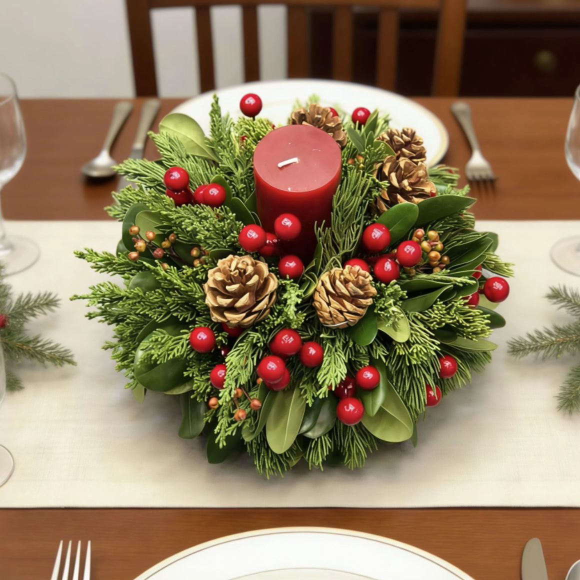 圣诞桌摆装饰圣诞节鲜花花环真松柏松枝诺贝松圣诞树场景布置